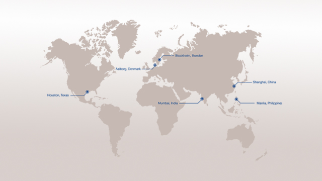 Carte situant les différents centres de formation Alfa Laval : Houston au Texas, Aalborg au Danemark, Stockholm en Suède, Mumbaï en Inde, Shangaï en Chine et Manila aux Philippines